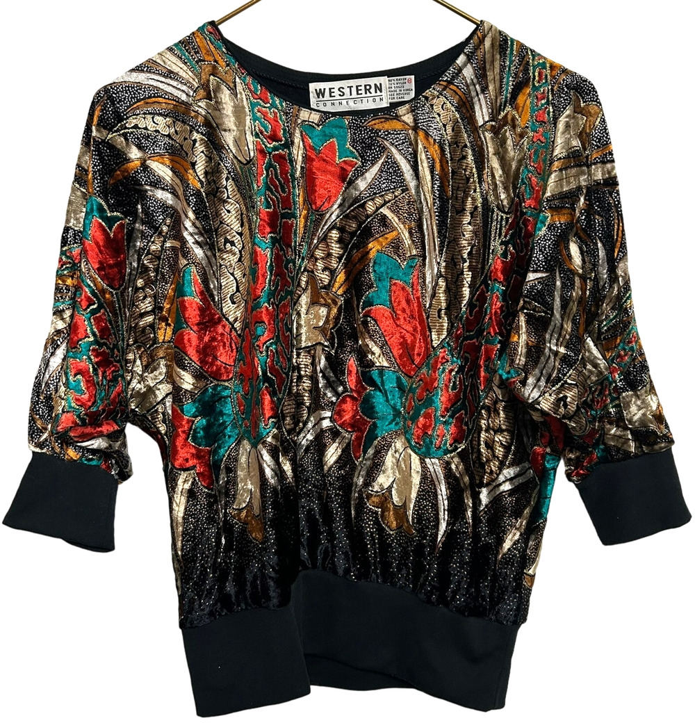 Vintage Velvet Western Connection Metallic Floral 80s Batwing Top Size M Retro